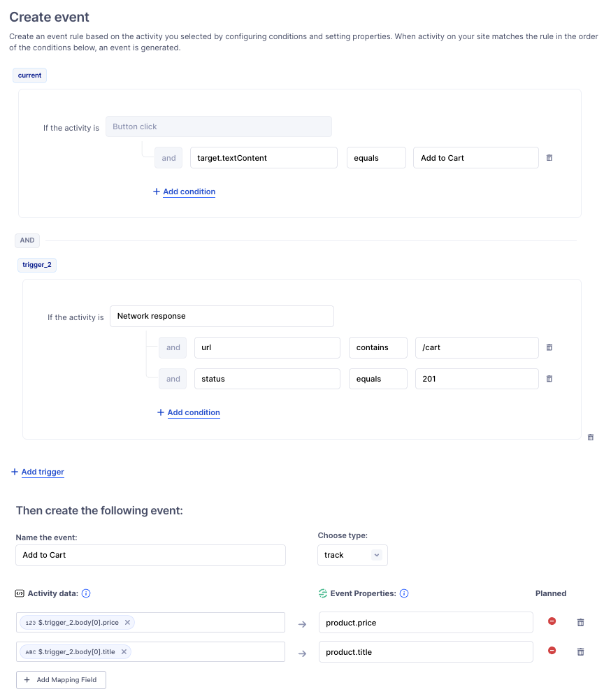Track event rule for Add to Cart using button click and network response